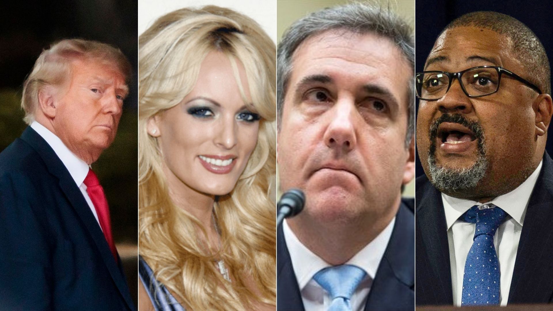 Donald Trump, Stormy Daniels, Michael Cohen y Alvin Bragg.