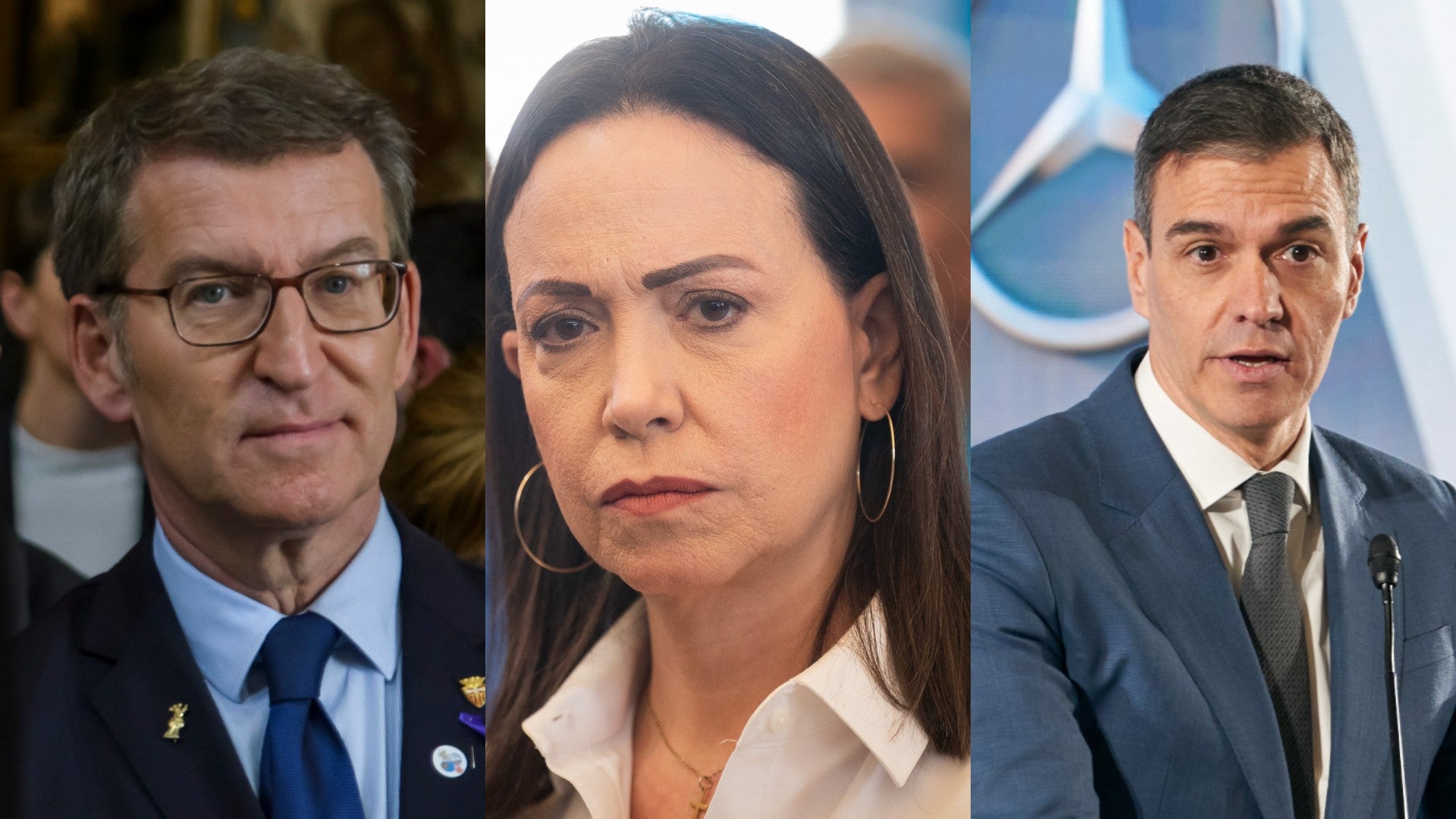 Alberto Núñez Feijóo, Maria Corina Machado y Pedro Sánchez (EFE)