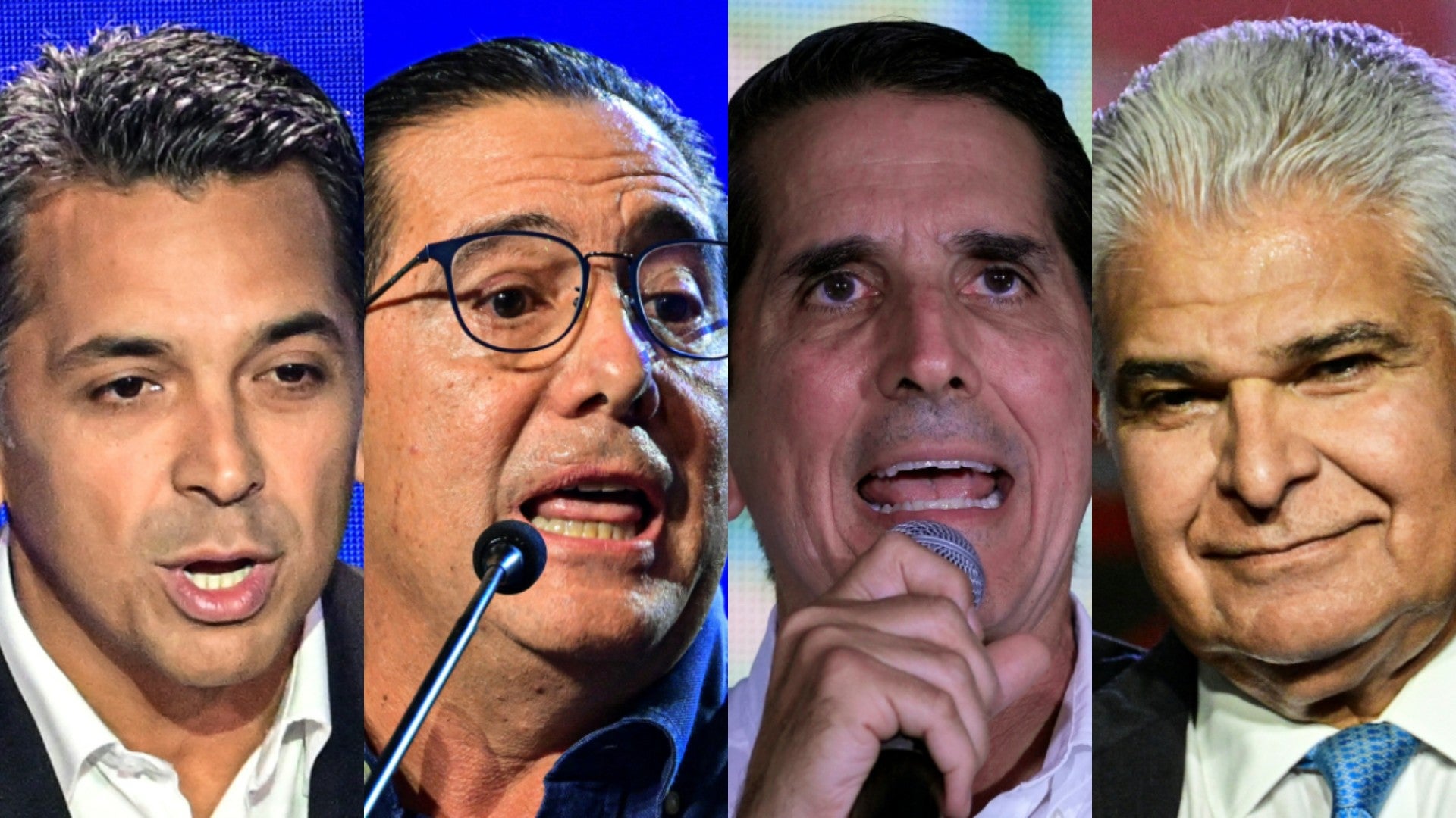 De izquierda a derecha, candidatos a la presidencia de Panamá: Ricardo Lombana, del partido Otro Camino; Martin Torrijos, del partido Popula; Romulo Roux, de Cambio Democratico; y Jose Raul Mulino, de Realizando Metas - Foto: AFP