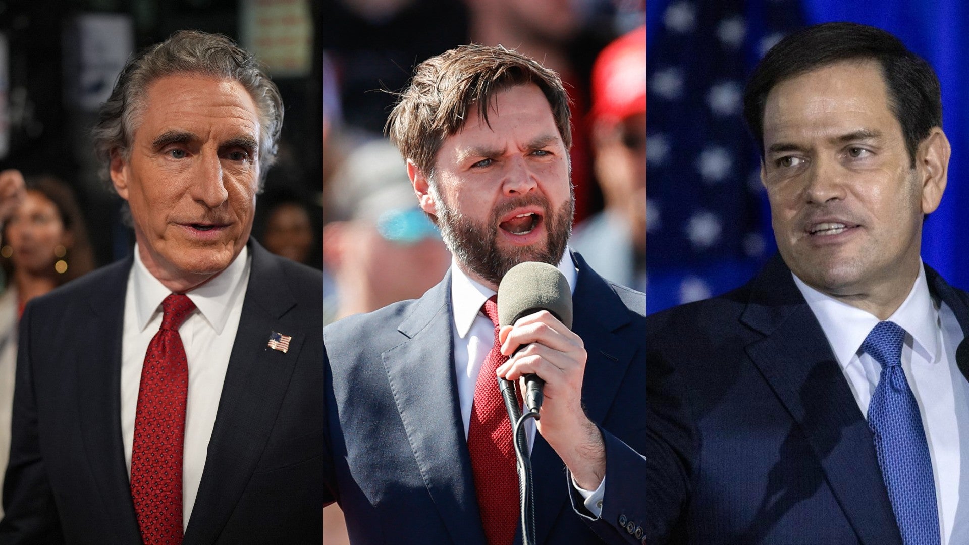 El gobernador de Dakota del Norte, Doug Burgum (izquierda); J. D. Vance, senador por Ohio (centro), y Marco Rubio, senador por Florida (derecha)