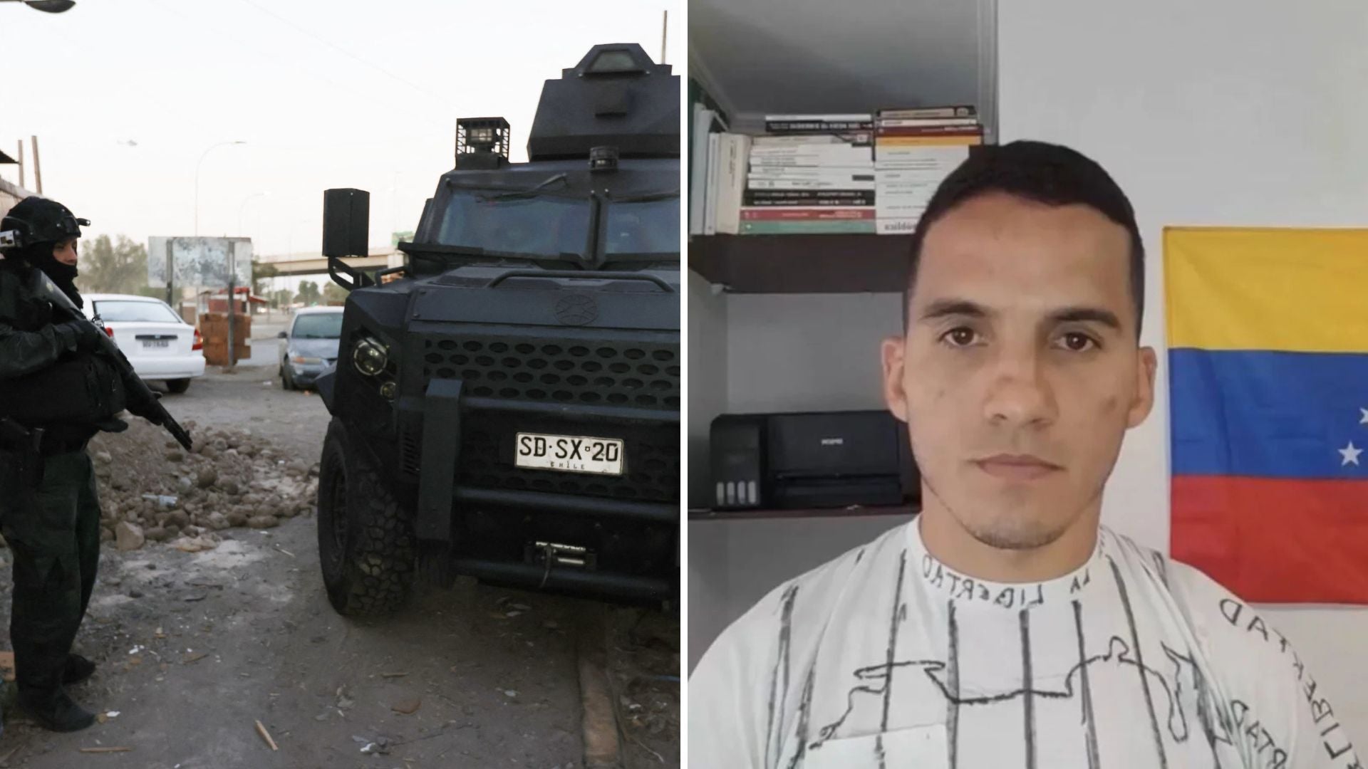 A la izquierda: operativo policial chileno para desmantelar una célula de la banda 'Tren de Aragua'. A la derecha el teniente Ojeda-Foto: Archivo/AFP