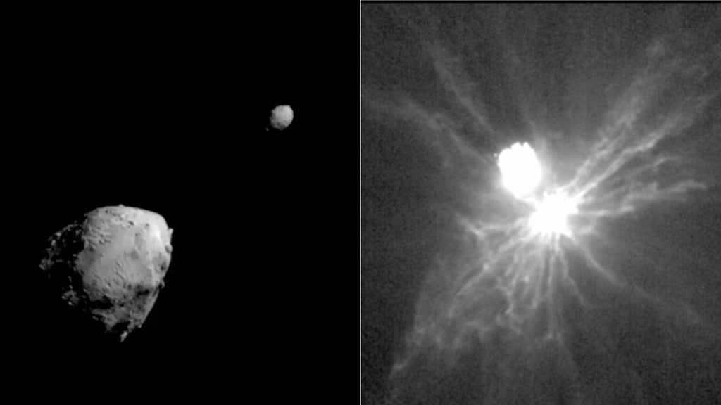 Imagen de Didymos y su luna Dimorphos (izq) – Imagen de Dimorphos tras la colisión – Fotos DART/ LICIACube/NASA