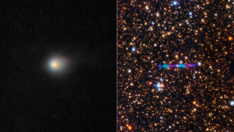Primer plano del cometa 3I/ATLAS (izq) - Traza del cometa lograda con filtros de colores (der) - Fotos Observatorio Internacional Gemini