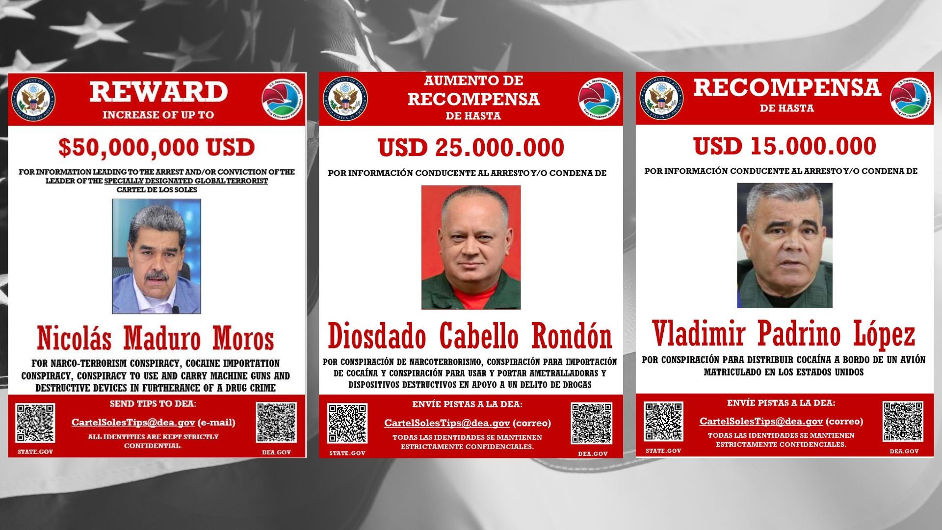 Carteles de recompensa contra Maduro, Cabello y Padrino López.