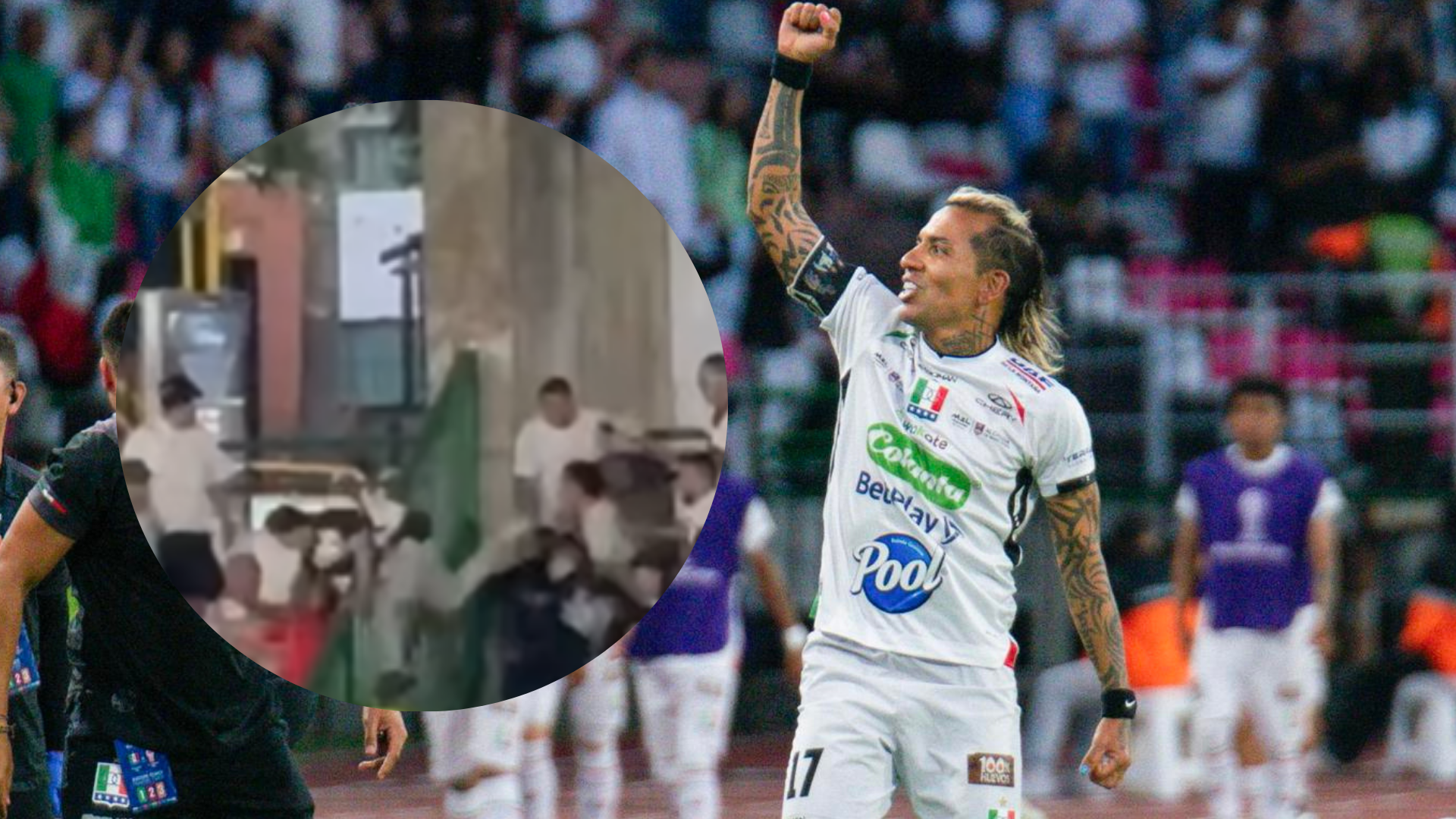 Pelea en la tribuna del estadio en el partido entre Once Caldas y Huracán / FOTO: EFE