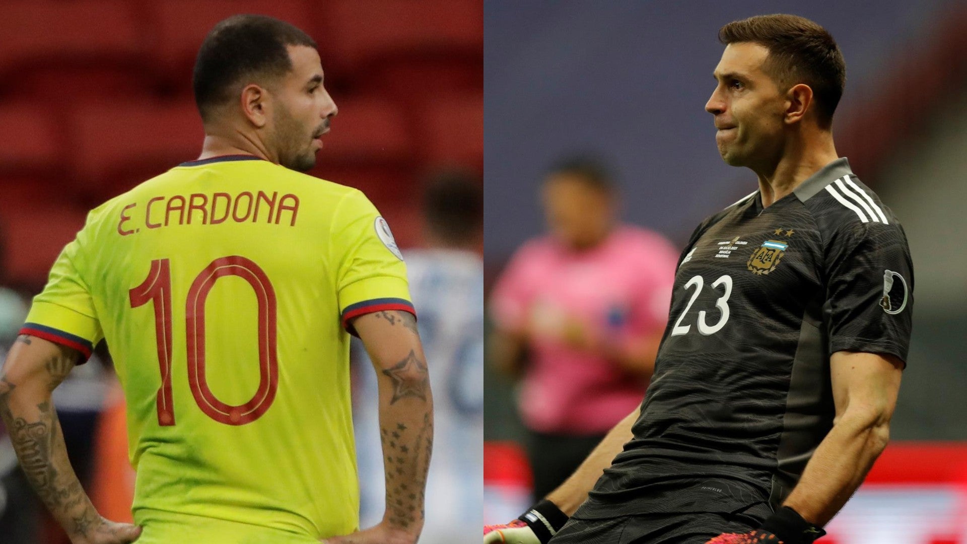 Edwin Cardona, jugador de la selección Colombia, y 'Dibu' Martínez, arquero de la selección argentina en la Copa América 2021 - Foto: EFE Edwin Cardona, jugador de la selección Colombia, y 'Dibu' Martínez, arquero de la selección argentina en la Copa América 2021 - Foto: EFE