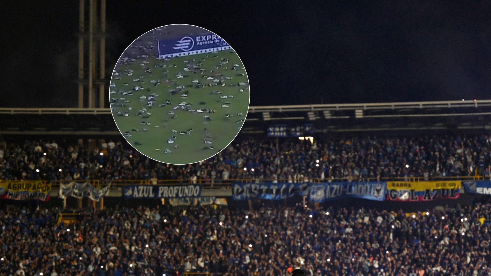 Hinchada de Millonarios - Foto AFP/ Zapatos desde la tribuna - Foto X @WinSportsTV
