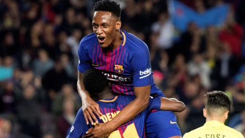 Yerry Mina en el Barcelona junto a Dembélé | Foto: EFE