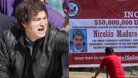 Javier Milei, presidente de Argentina / Cartel de recompensa por Nicolás Maduro, jefe del régimen venezolano - Fotos: EFE