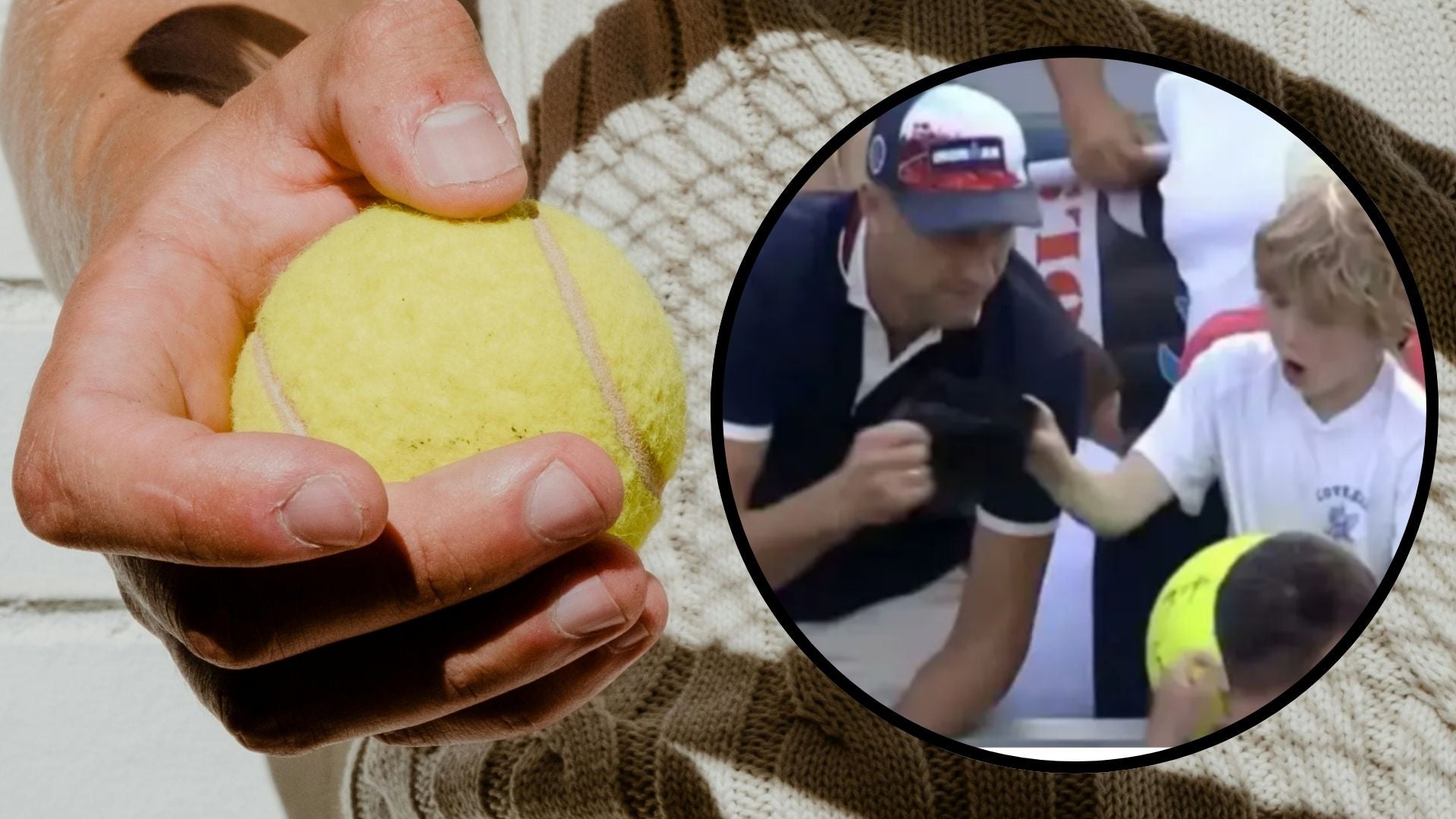 Hombre sujeta una pelota de tenis / Hombre le quita regalo a un niño en el US Open - Fotos: Pexels / X