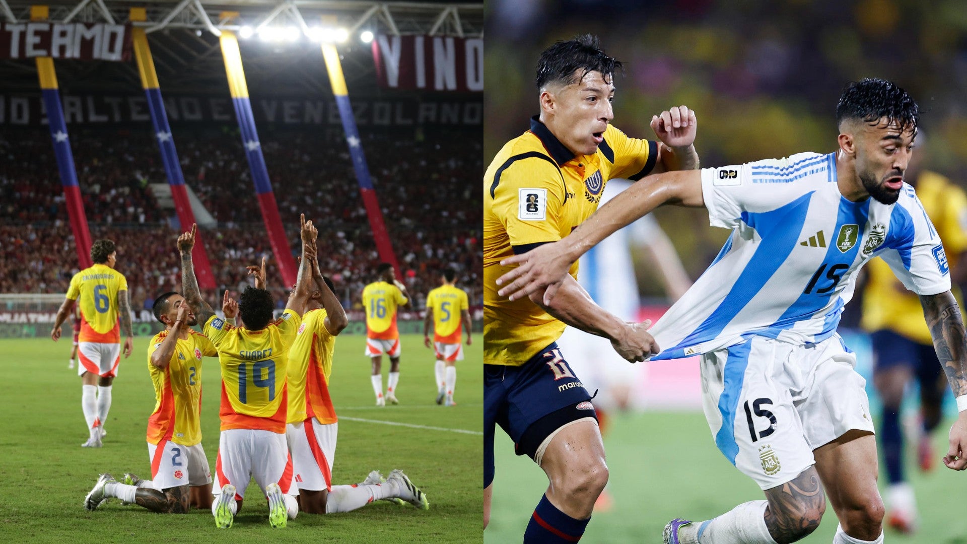 Jugadores de Colombia, Argentina y Ecuador en fecha 18 de las Eliminatorias Sudamericanas. (EFE)