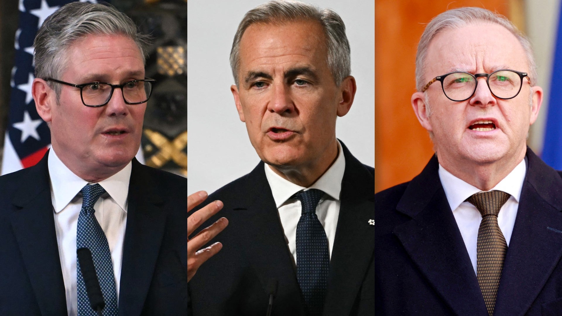 Primer ministro de Reino Unido, Canadá y Australia, Keir Starmer, Mark Carney y Anthony Albanese | Foto: AFP