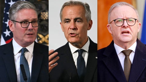 Primer ministro de Reino Unido, Canadá y Australia, Keir Starmer, Mark Carney y Anthony Albanese | Foto: AFP