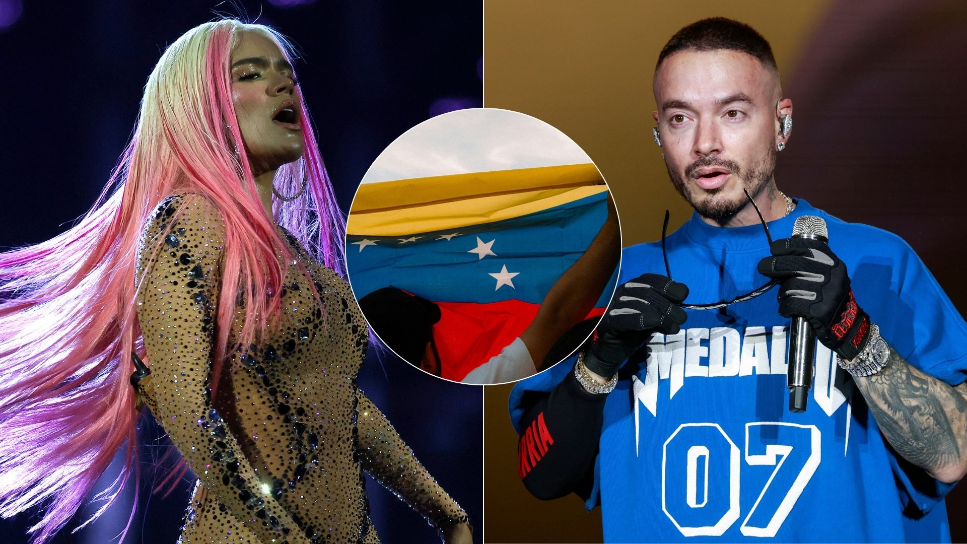 Karol G/ J Balvin - Fotos EFE/ Bandera de Venezuela - Foto de referencia Canva Karol G/ J Balvin - Fotos EFE/ Bandera de Venezuela - Foto de referencia Canva