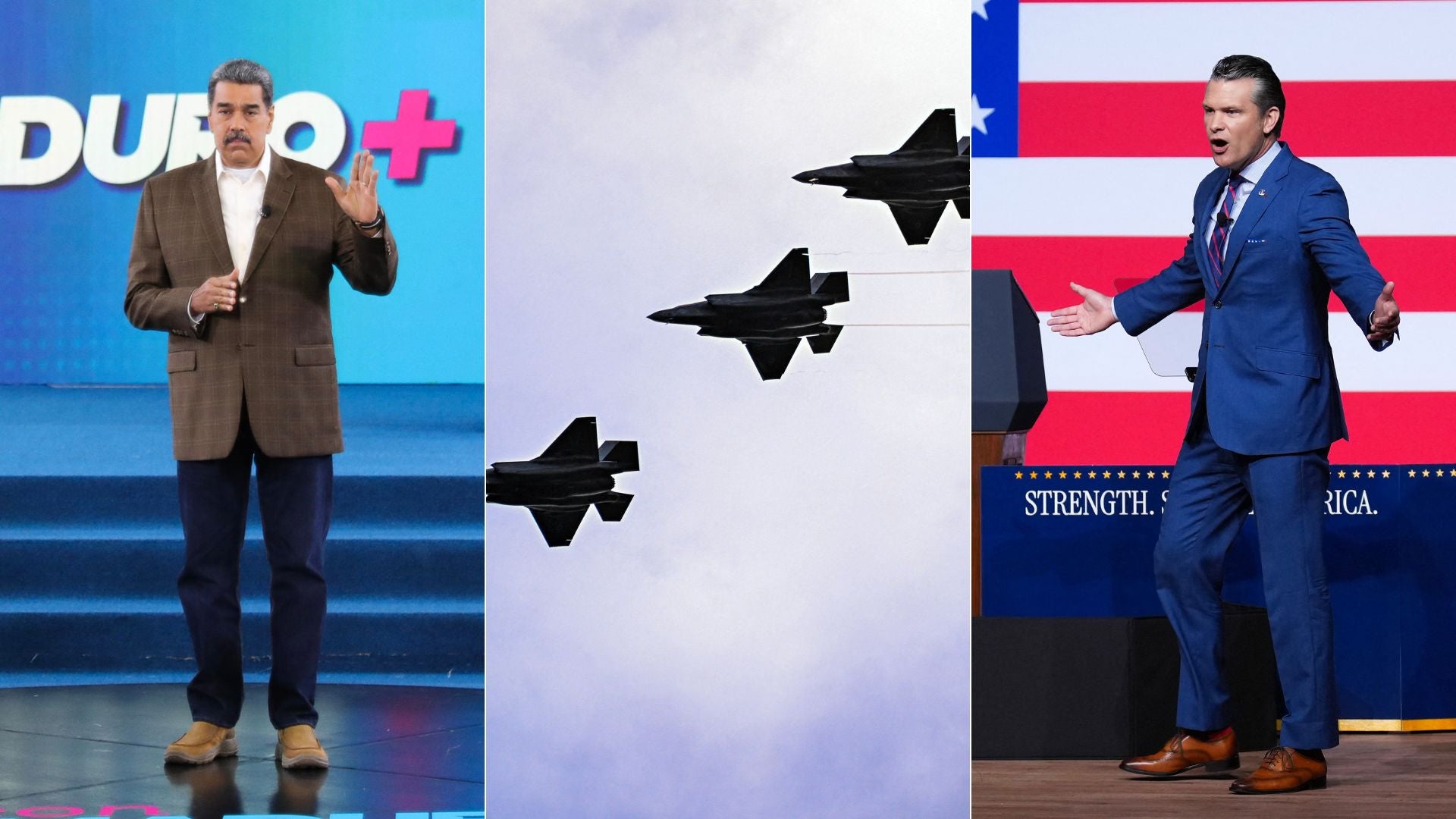 Nicolás Maduro/ Aviones de combate estadounidenses/ Pete Hegseth - Fotos AFP