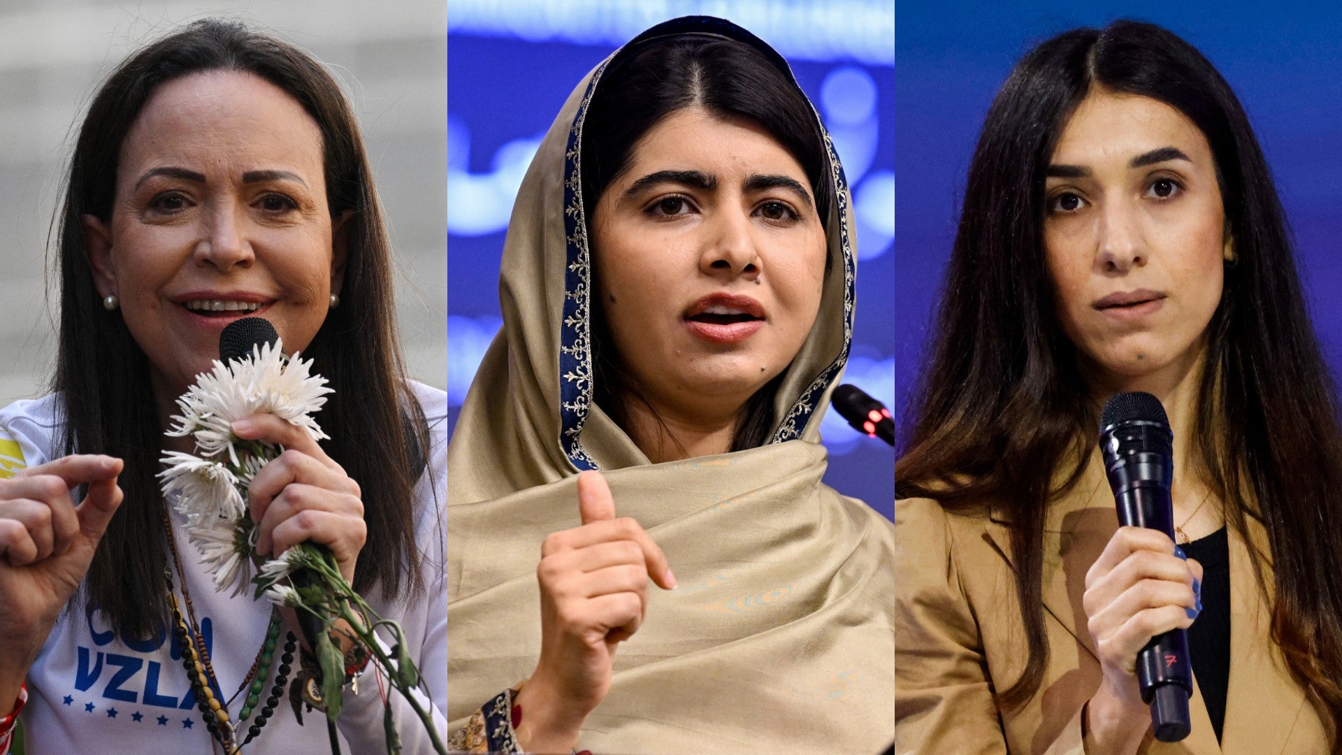 Ganadoras del Premio Nobel de Paz: María Corina Machado, Malala Yousafzai y Nadia Murad | Foto: AFP