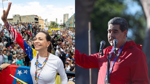 María Corina Machado, galardonada con el premio Nobel de la Paz, y Nicolás Maduro - Fotos: EFE