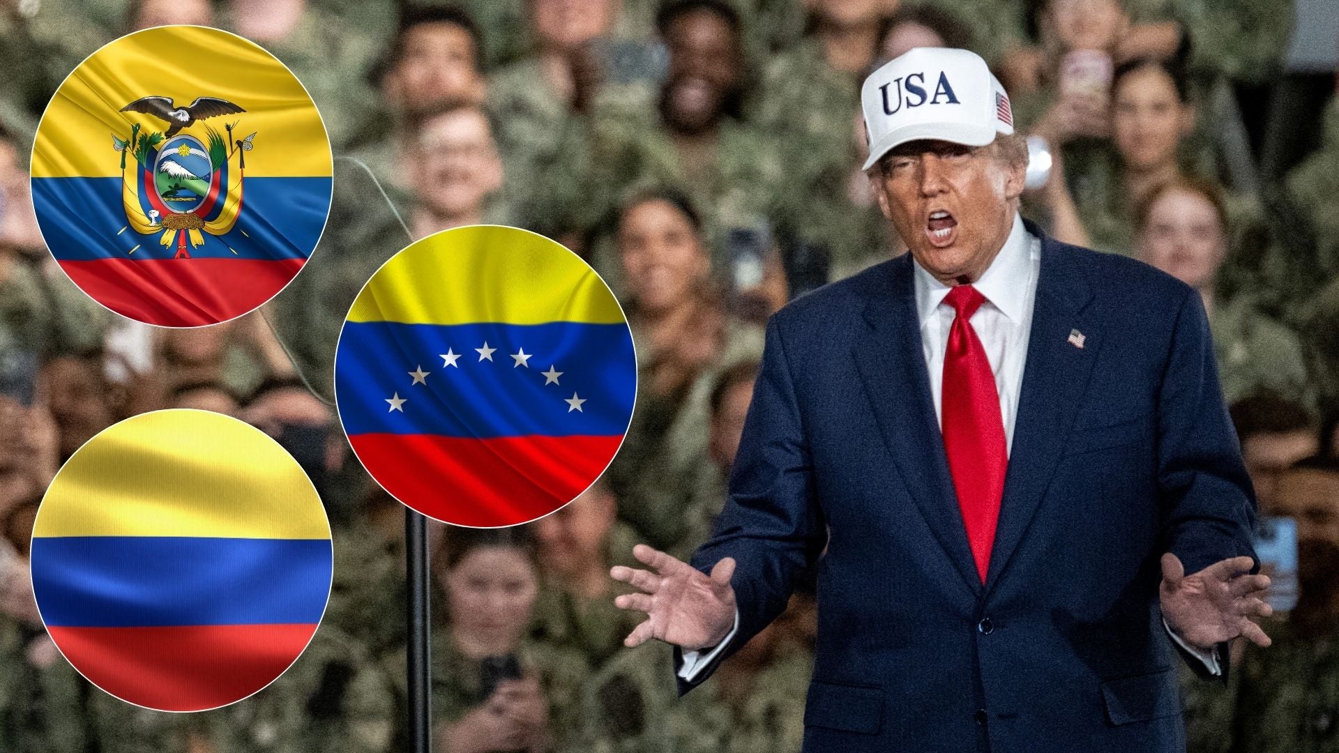 Donald Trump - Foto AFP/ Banderas de Ecuador, Venezuela y Colombia - Fotos Canva