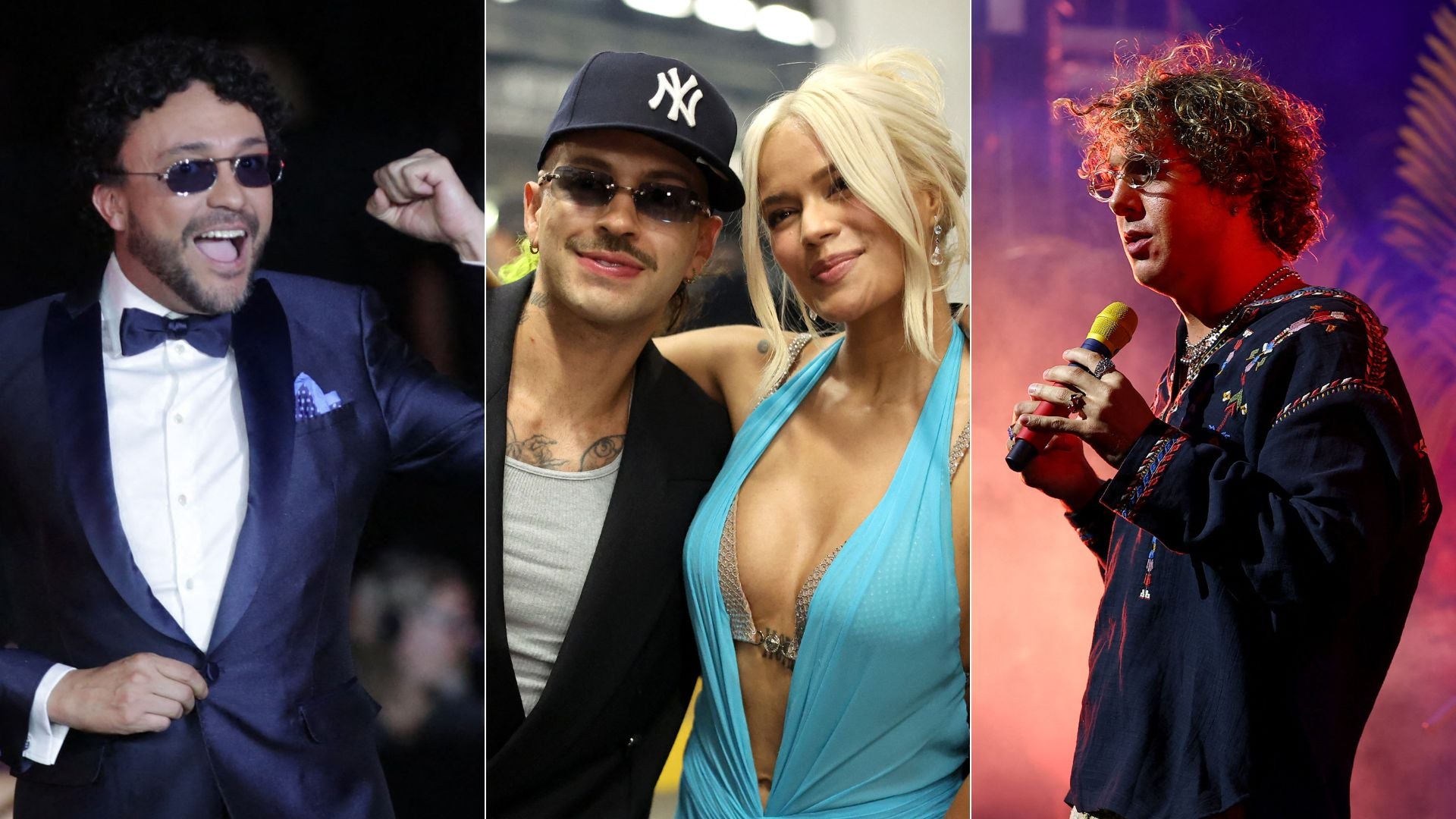 Andrés Cepeda/ Feid y Karol G/ Alberto Montenegro de Rawayana - Fotos AFP