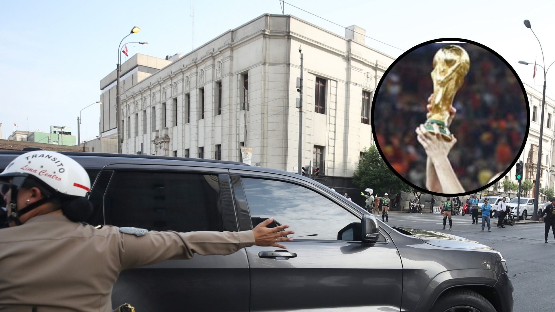 Sede principal de la Fiscalía del Perú - Futbolista levantando la Copa del Mundo - Fotos: EFE / X