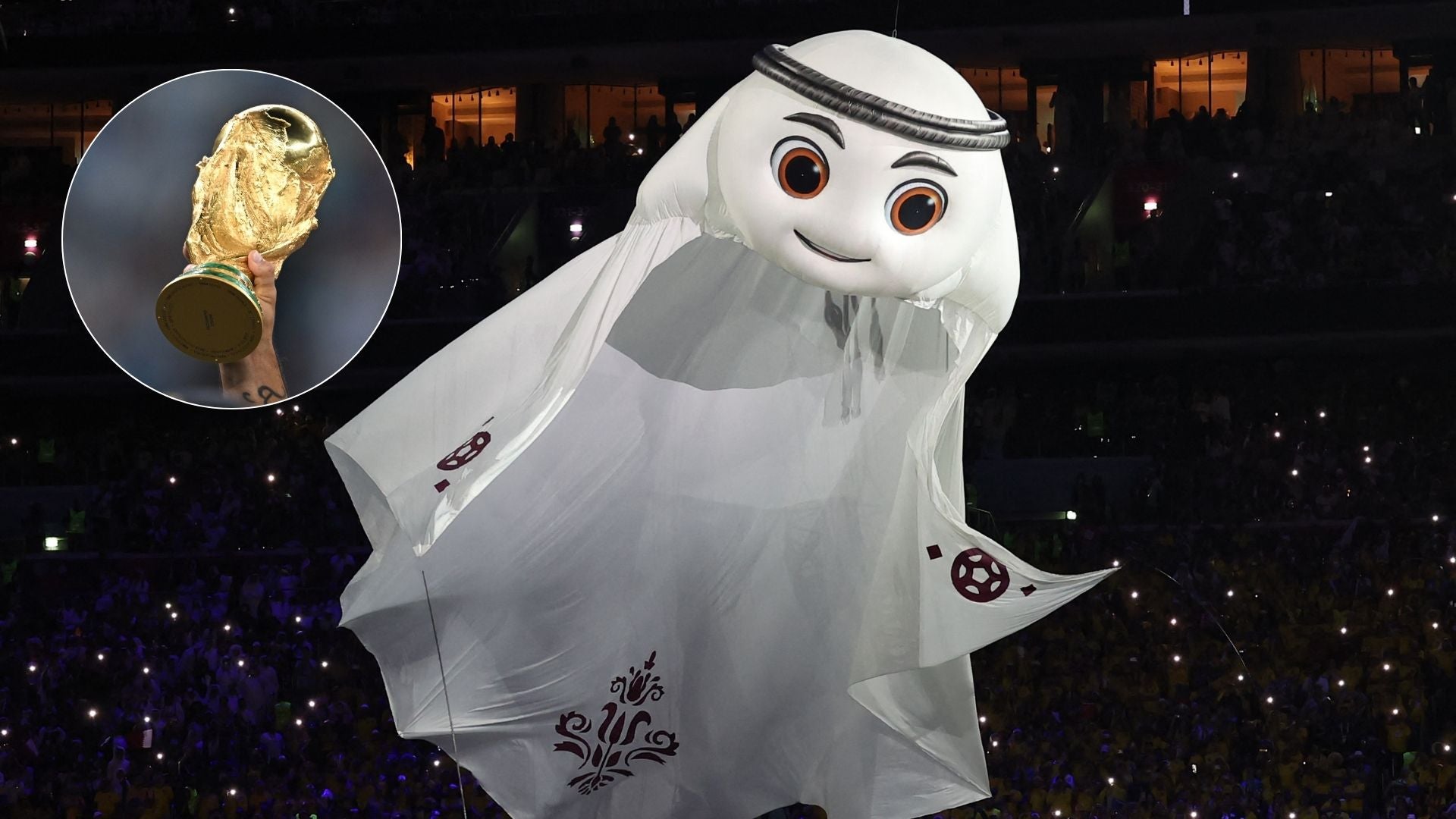 Mascota La'eeb y trofeo de la Copa del Mundo Qatar 2022 - Fotos: AFP