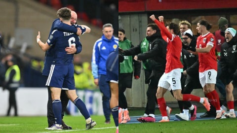 Futbolistas de Escocia y Austria celebran la clasificación al Mundial 2026. (AFP)