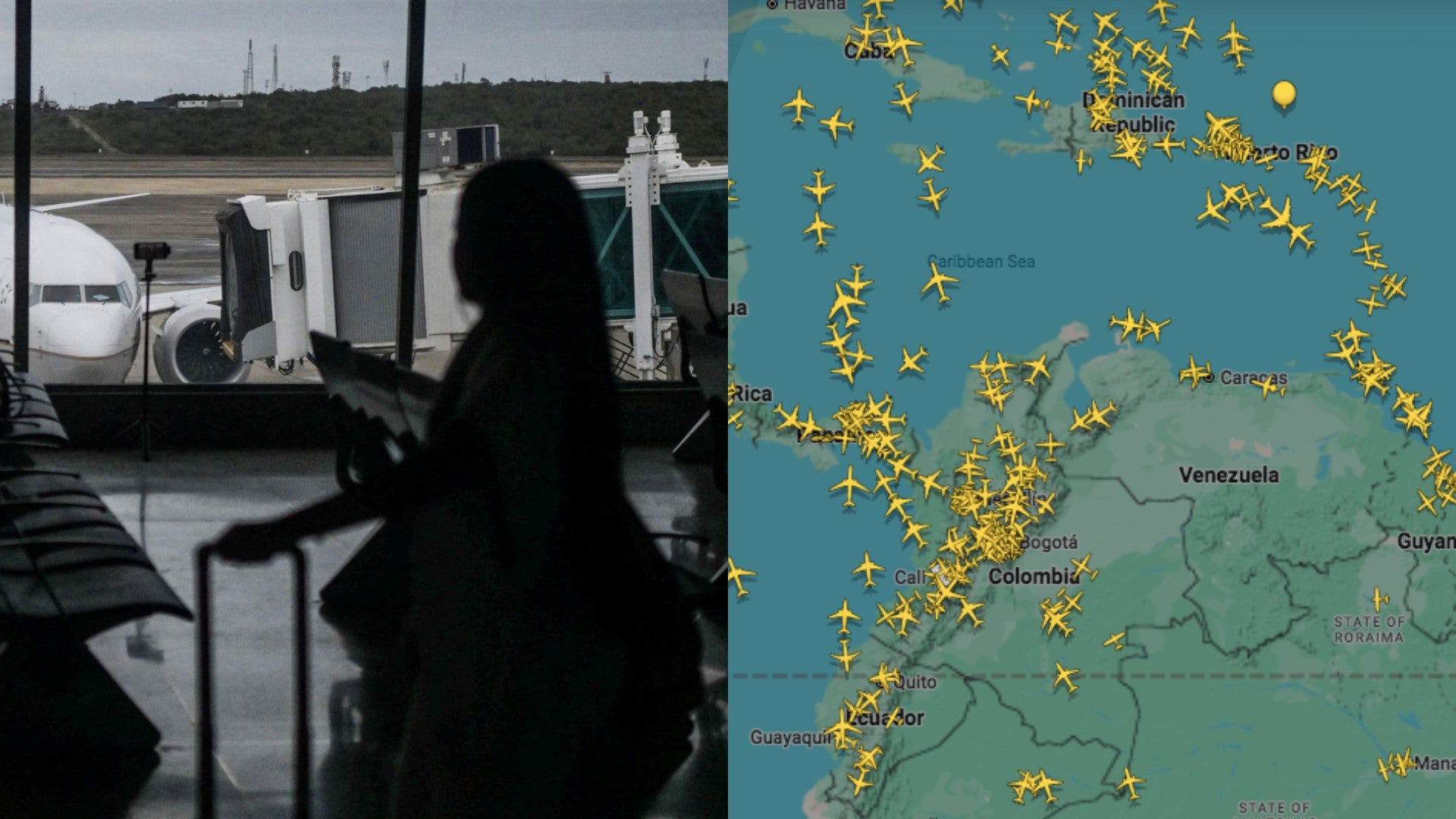 Aeropuerto de Maiquetía y espacio aéreo venezolano el 25 de noviembre de 2025 (AFP y Flightradar24)