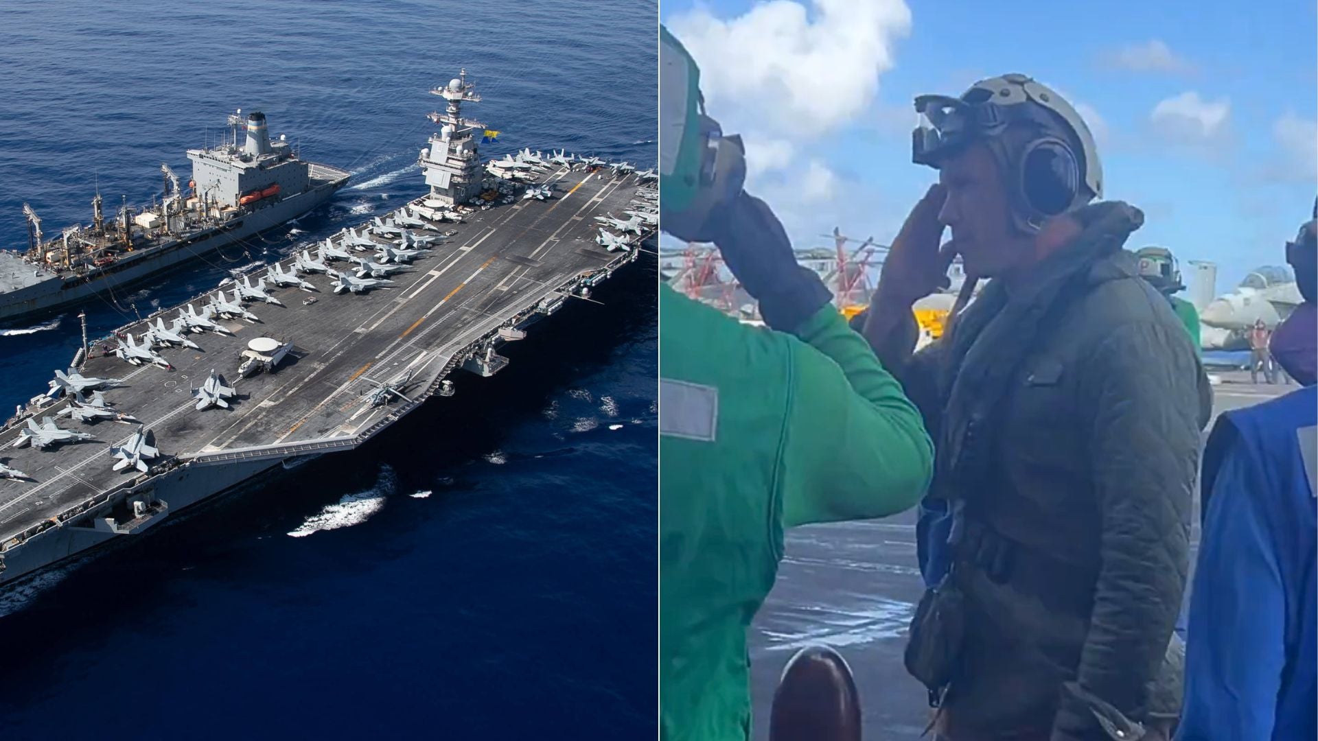 USS Gerald R. Ford - Foto AFP/ Pete Hegseth en su llegada al portaviones - Foto captura de video de X: @DOWResponse