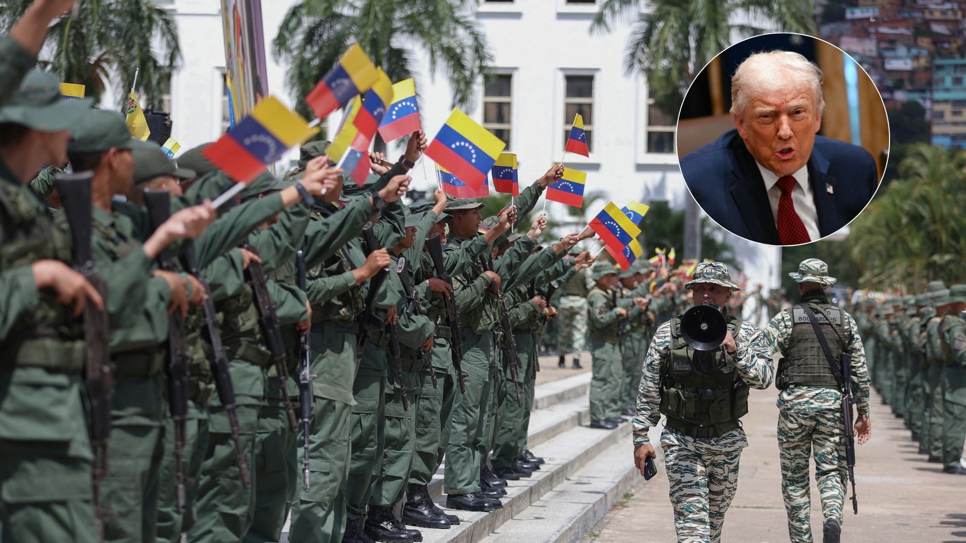 Miembros de las Fuerzas Armadas Bolivarianas y Donald Trump - Fotos: AFP
