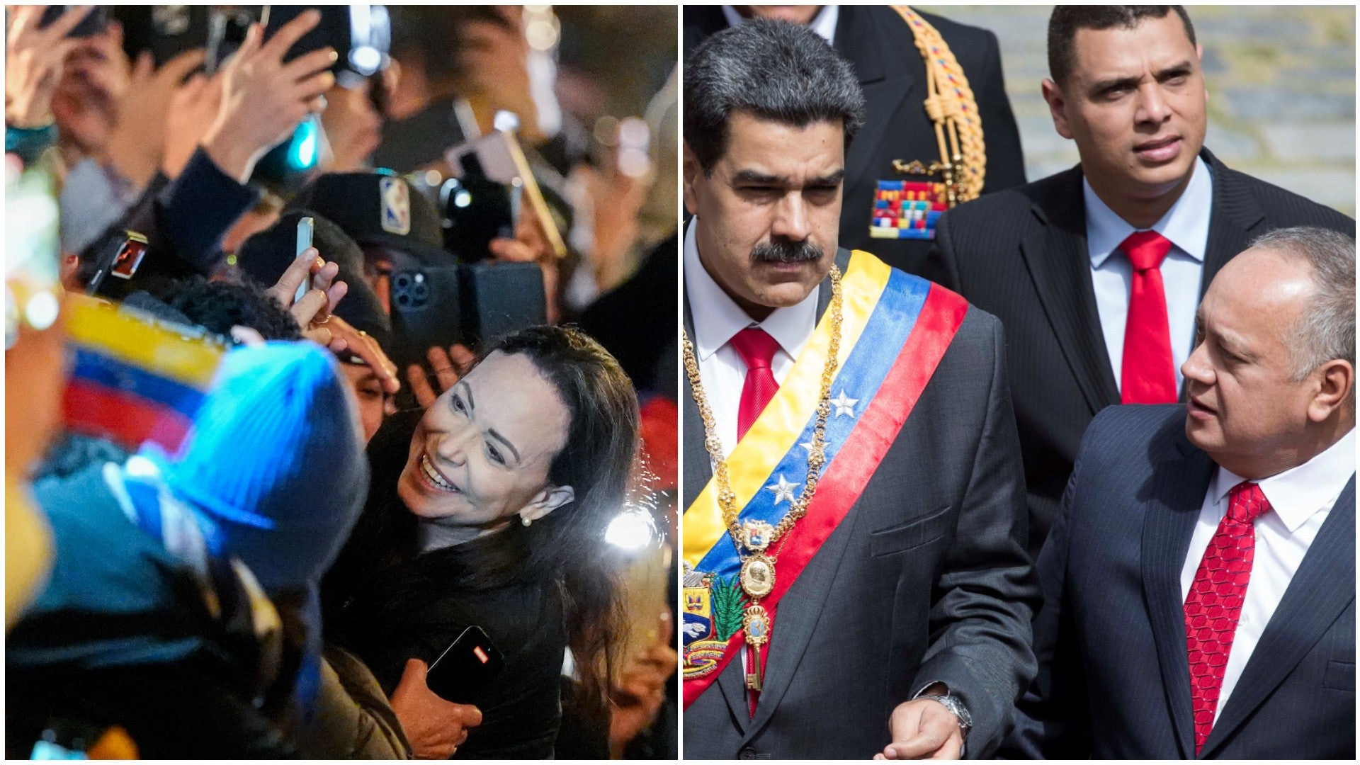 María Corina Machado, premio Nobel de la Paz, saludando a sus connacionales en Oslo / Nicolás Maduro y Diosdado Cabello, jefes del régimen venezolano - Fotos: EFE