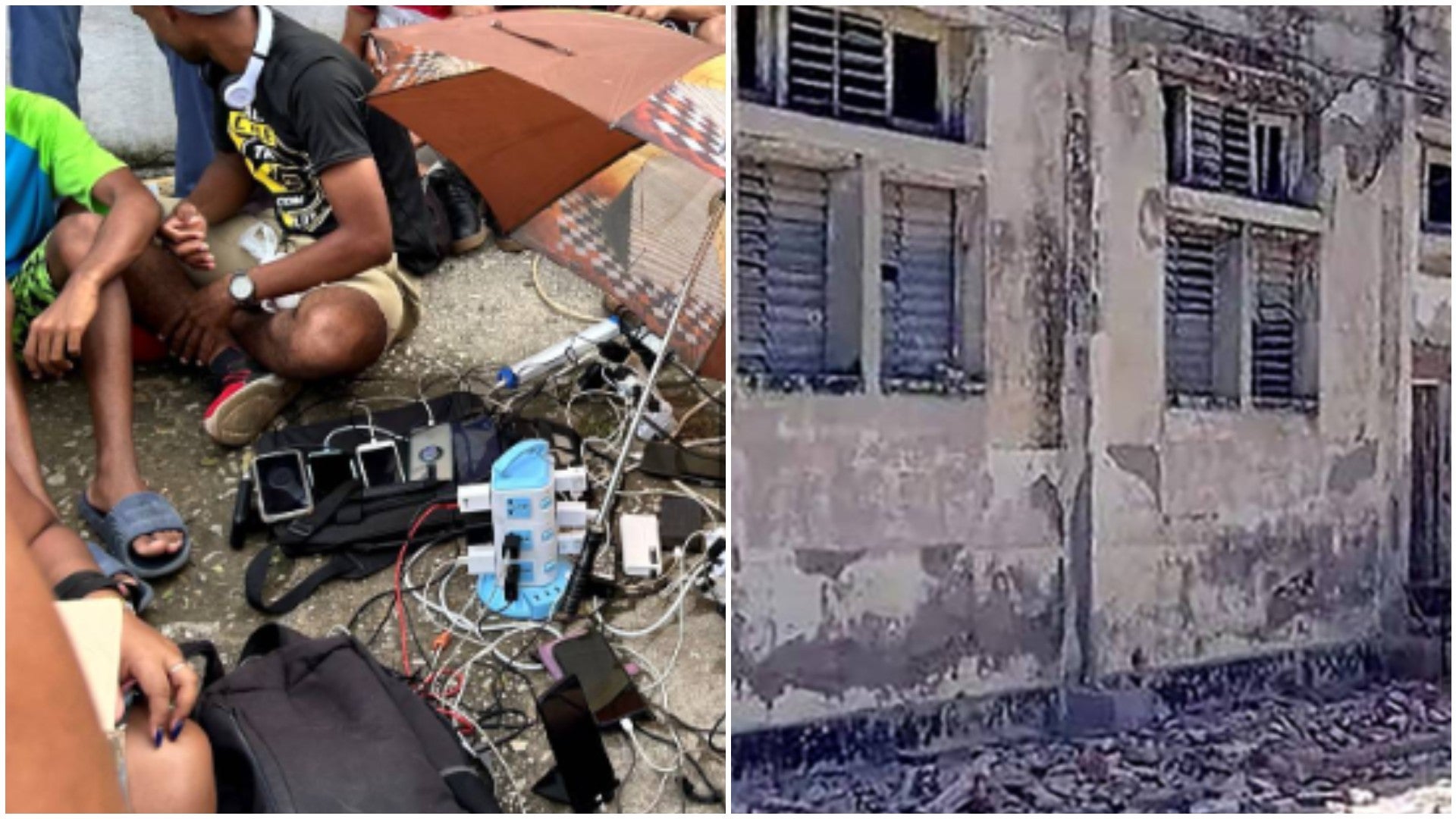 Cubanos cargan sus celulares con una generador eléctrico improvisado / Fachada de una estructura en zona popular de Cuba - Fotos: AFP