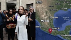 La presidente Claudia Sheinbaum tras ser desalojada por el temblor. (EFE y Sismológico de México)