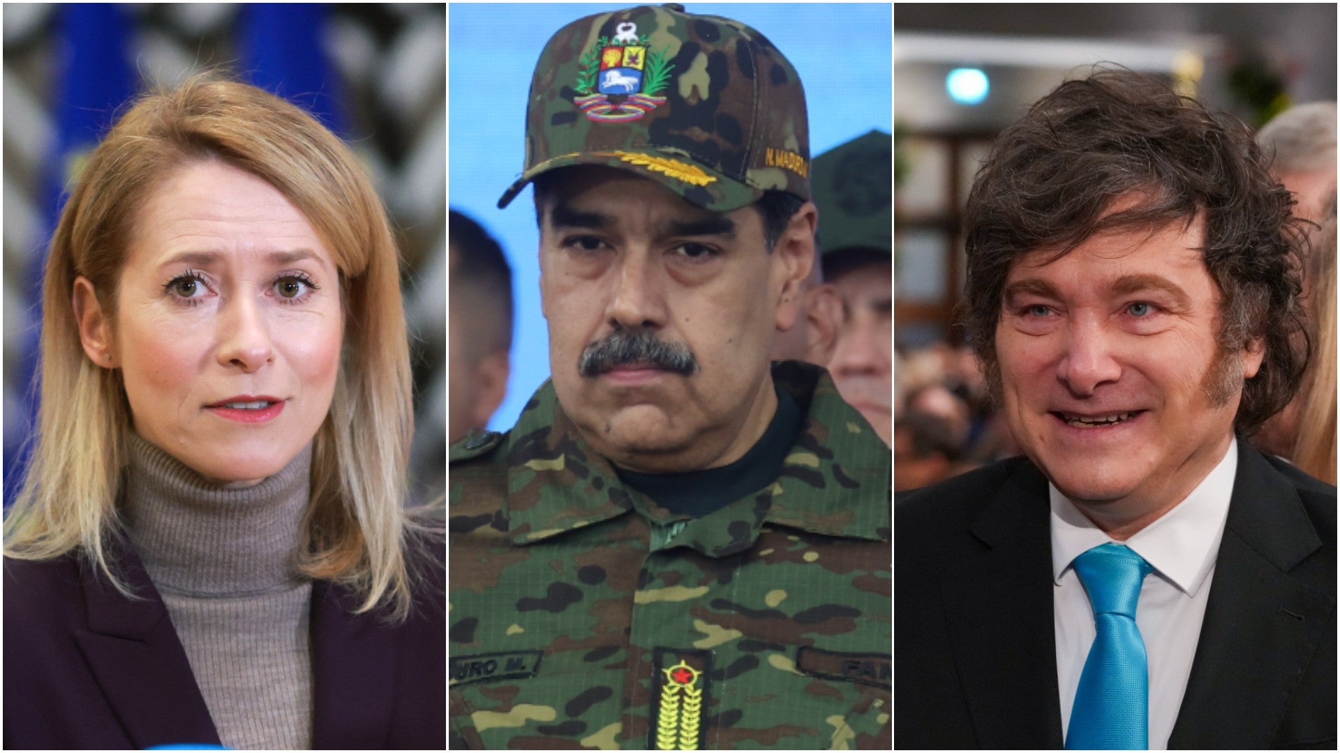 Kaja Kallas, alta representante de la Unión Europea / Nicolás Maduro, jefe del régimen venezolano / Javier Milei, presidente de Argentina - Fotos: EFE