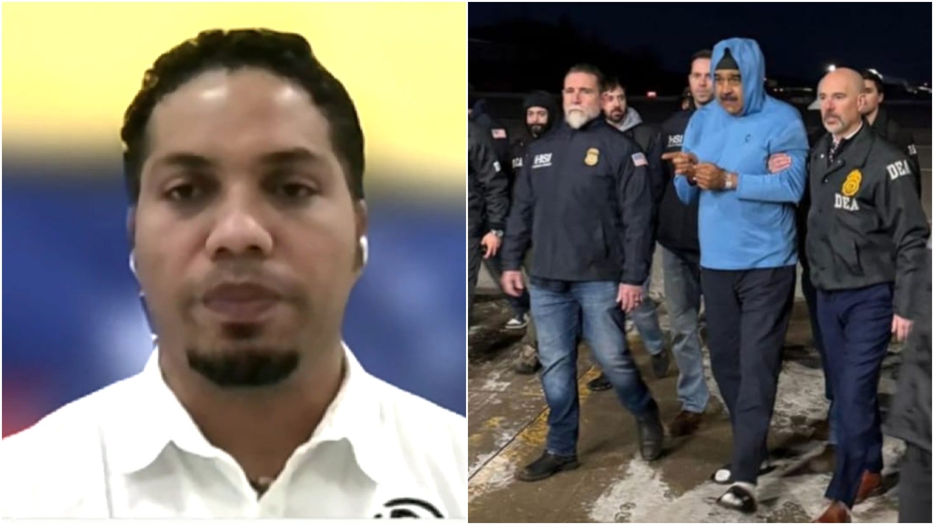 Villca Fernández, exprisionero político venezolano / Nicolás Maduro, caminando en territorio estadounidense esposado y custodiado por agentes de la DEA - Fotos: NTN24 / X