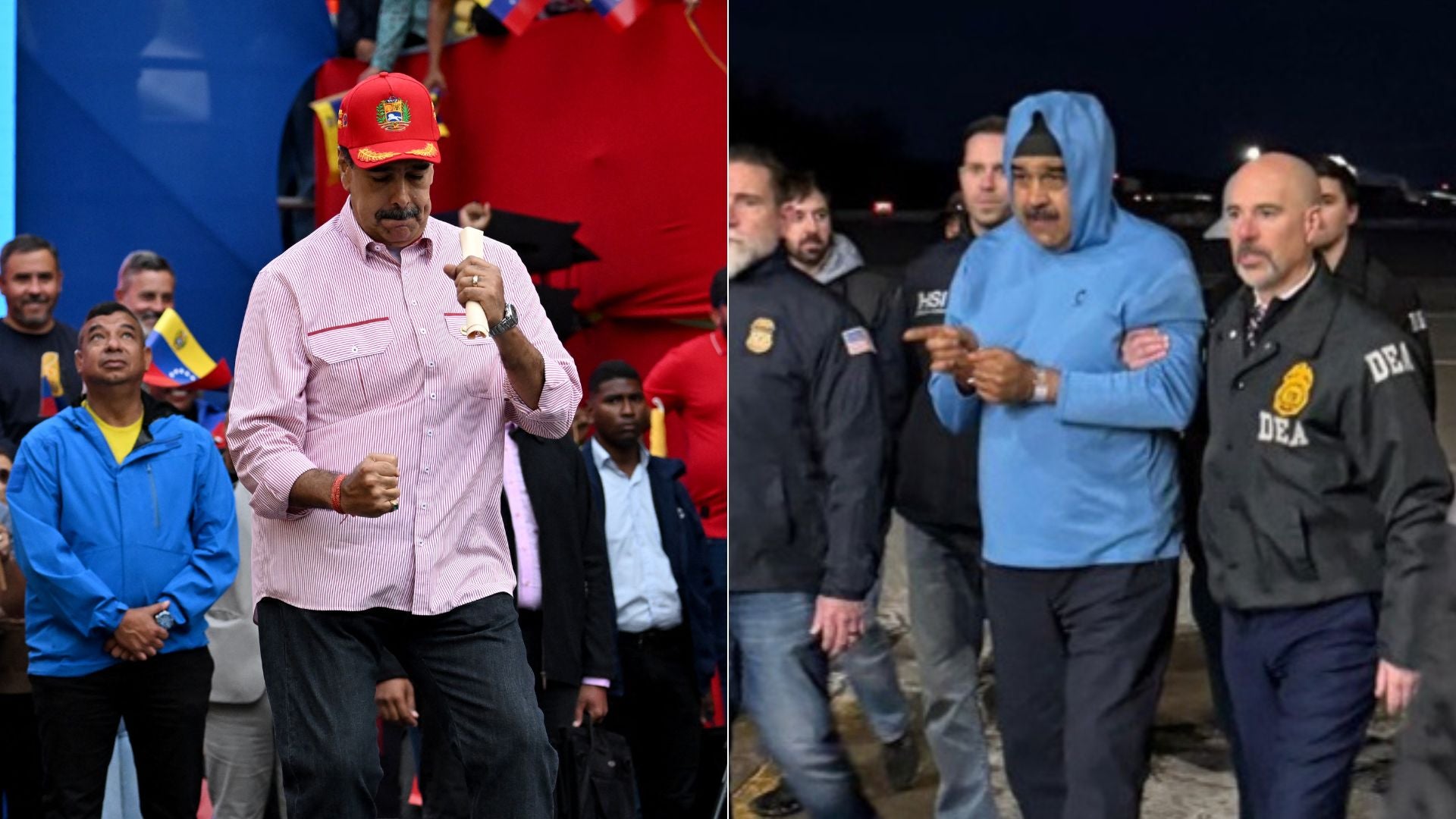 Maduro baila durante un discurso - Foto AFP/ Maduro llega capturado a Nueva York - Foto EFE