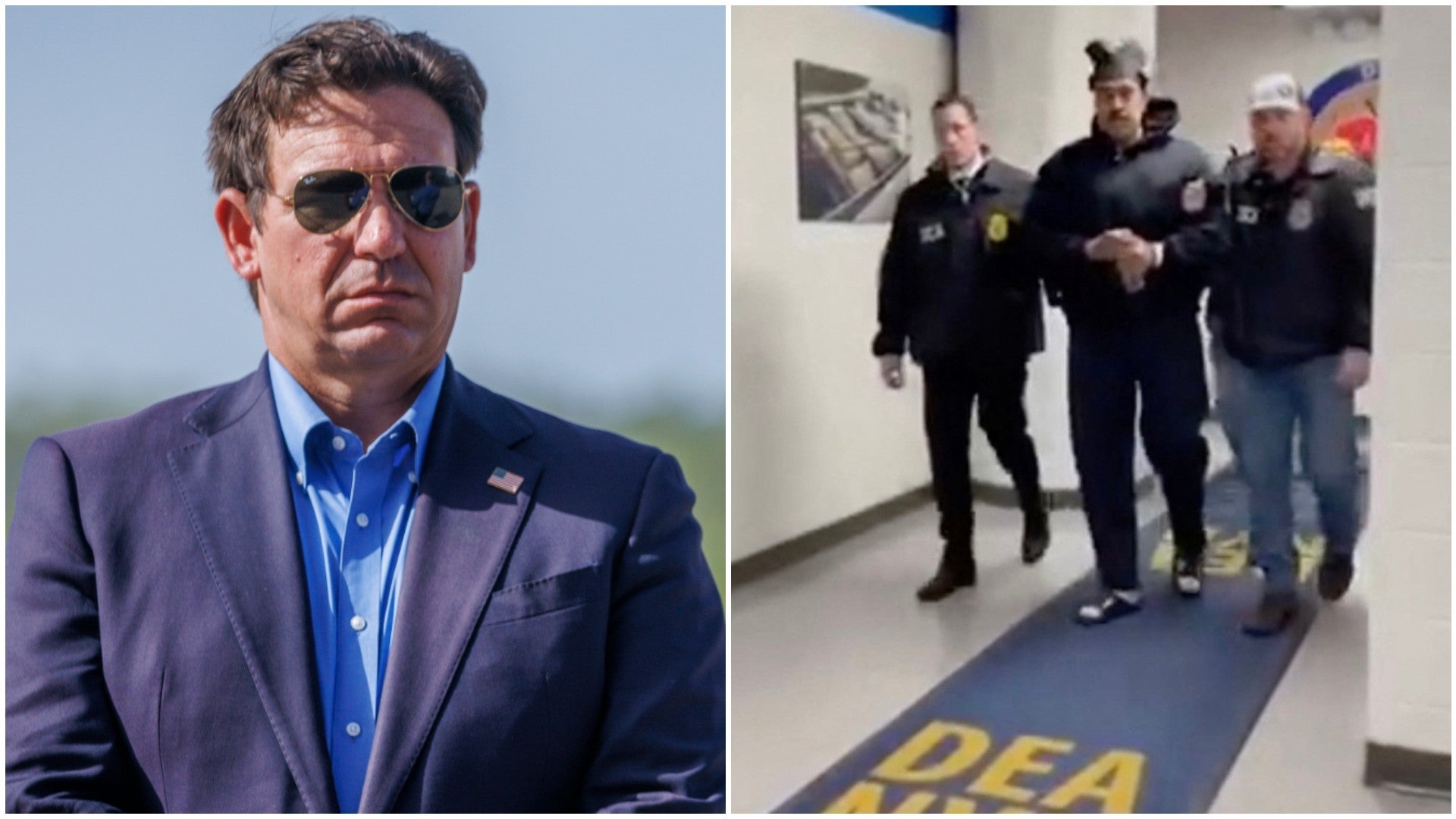 Ron DeSantis, gobernador de Florida / Nicolás Maduro, narcodictador custodiado por agentes de la DEA - Fotos: AFP
