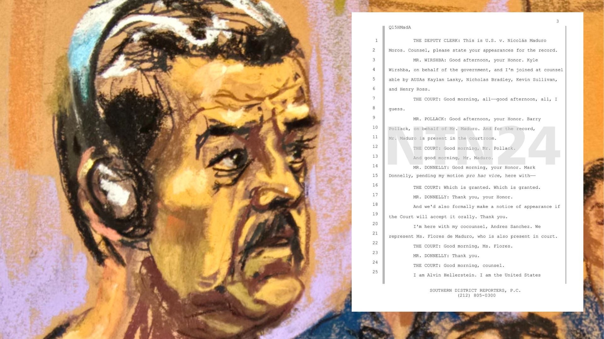 Ilustración de Nicolás Maduro ante una corte de Nueva York.