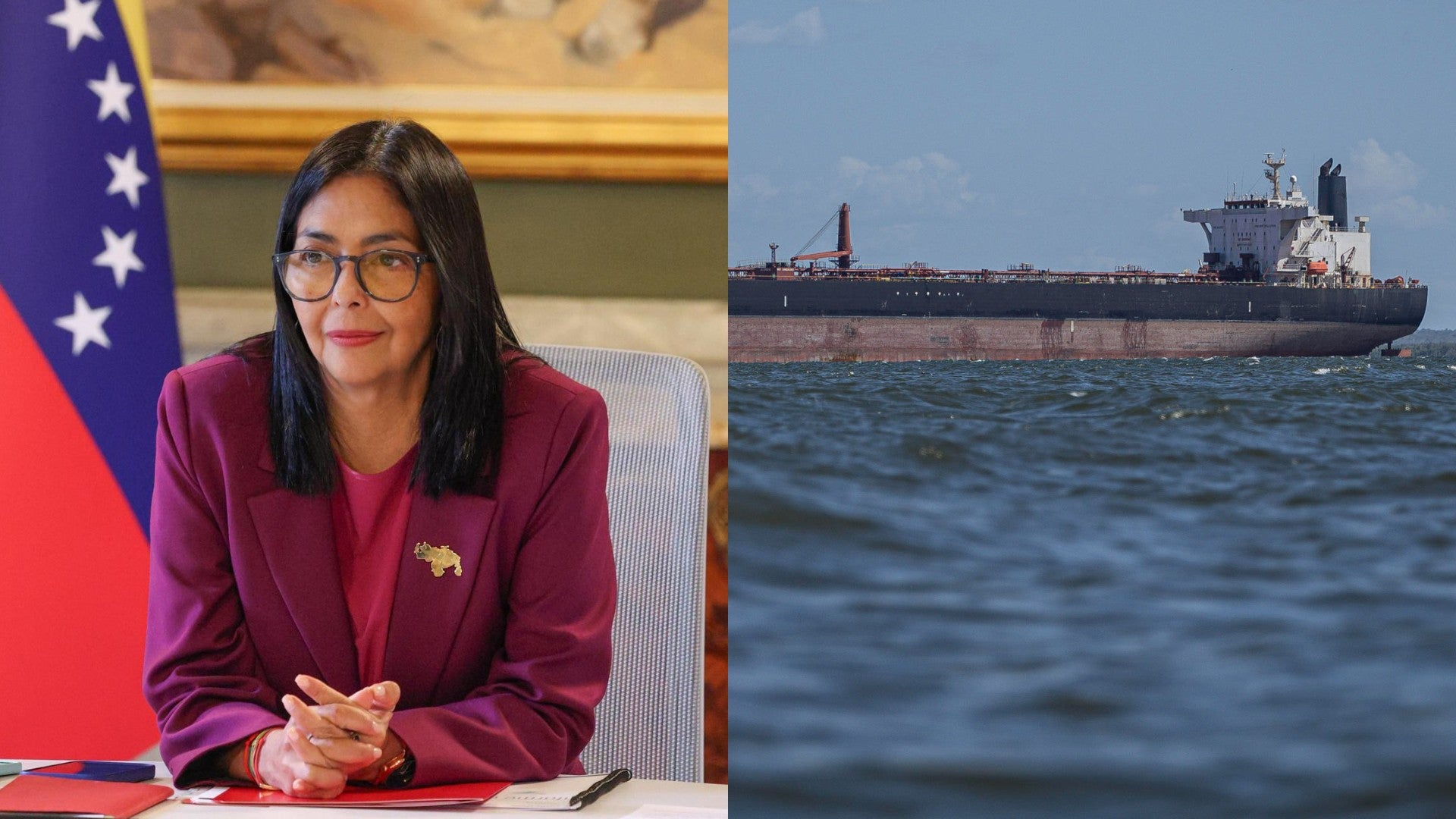 Delcy Rodríguez y buque petrolero. (EFE)