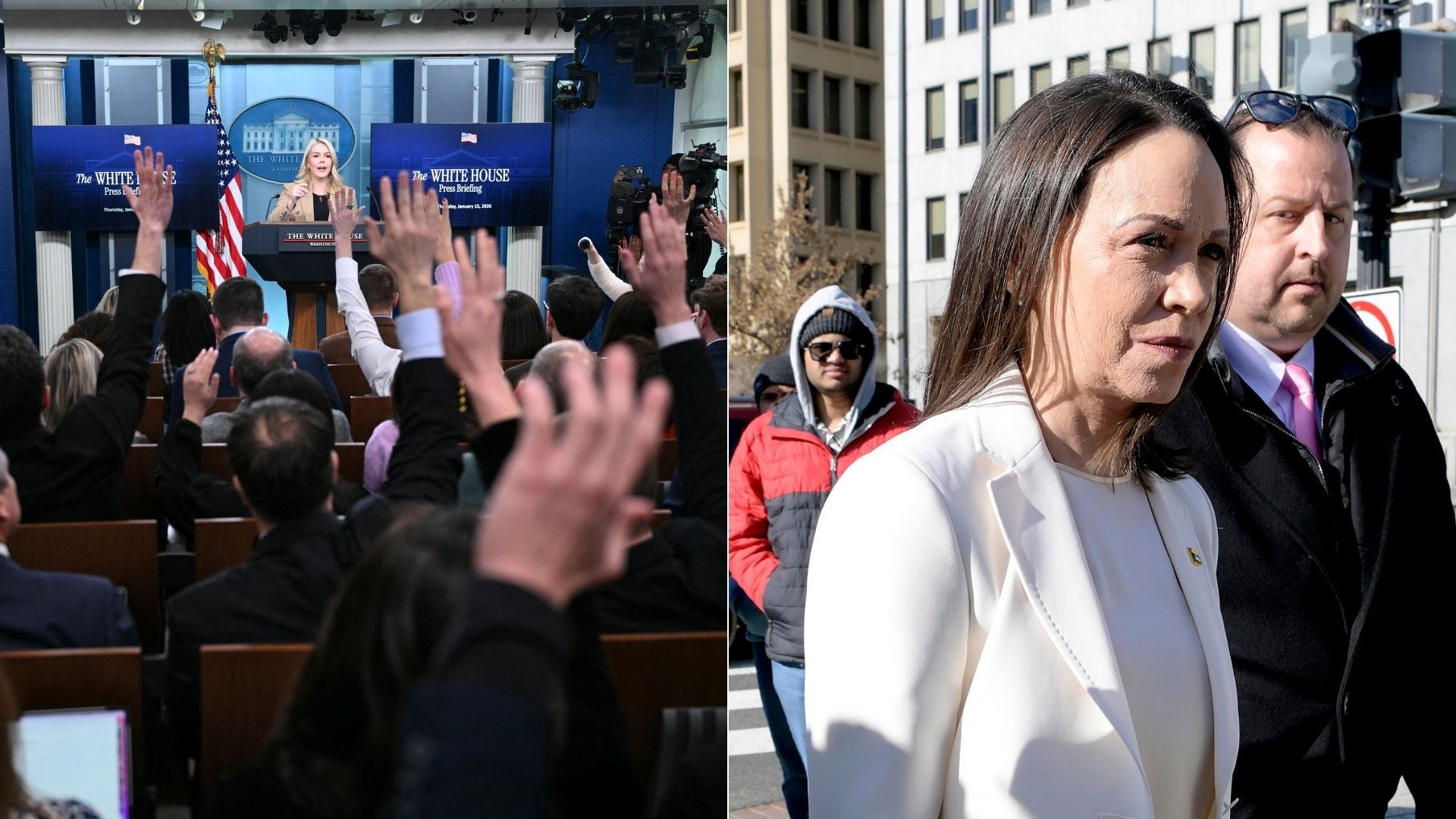 Karoline Leavitt, secretaria de prensa de la Casa Blanca, y María Corina Machado - Fotos AFP/EFE