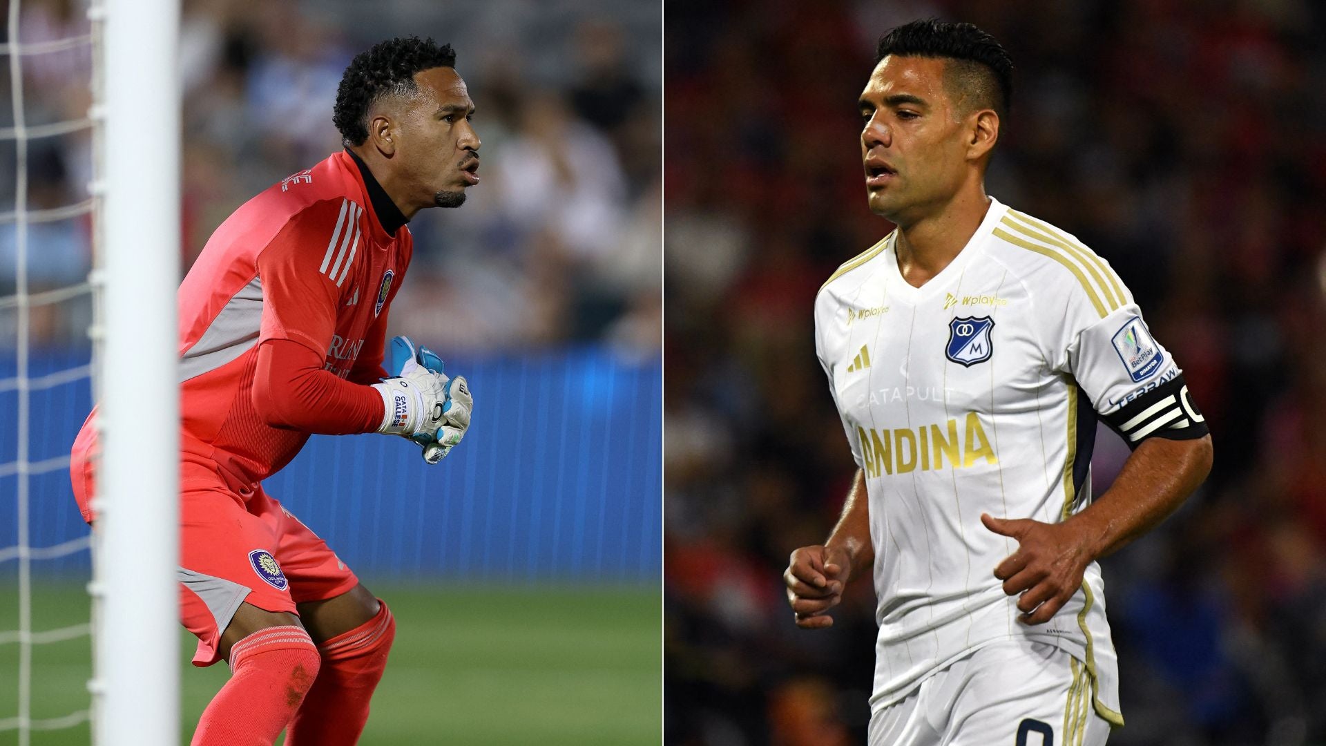 Pedro Gallese, arquero del Deportivo Cali, y Falcao García, delantero de Millonarios - Fotos: AFP