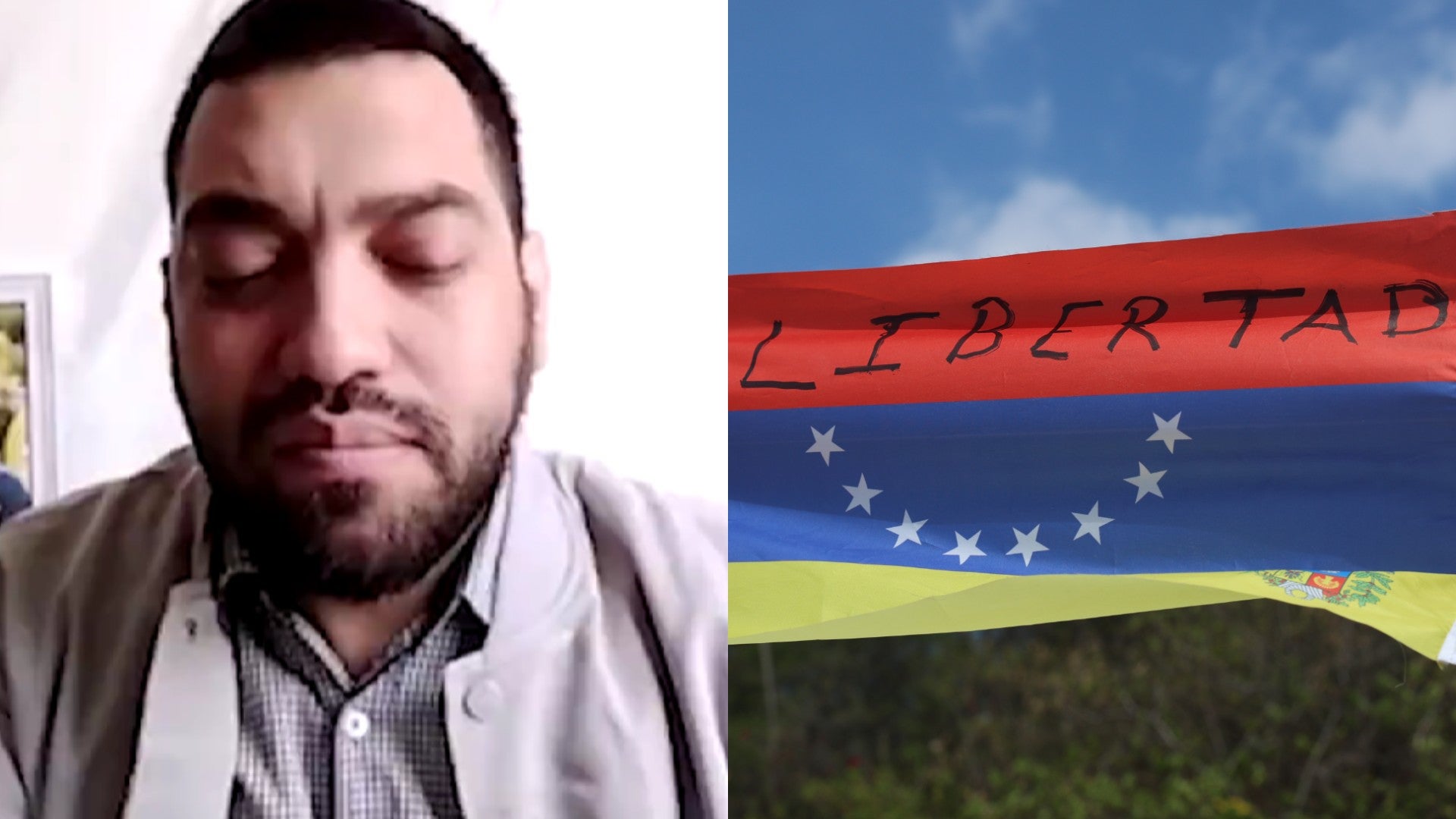 Ramón Centeno, periodista y exprisionero político venezolano / Bandera de Venezuela al revés (símbolo internacional de angustia, peligro extremo y solicitud de auxilio) - Fotos: NTN24 / EFE