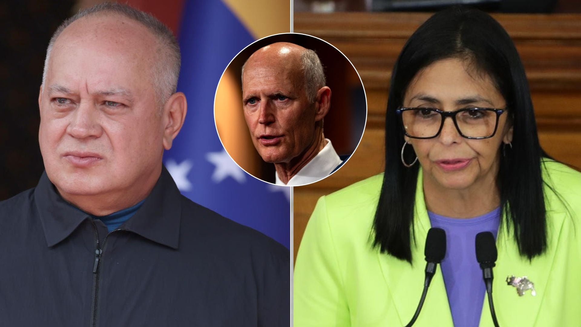 Diosdado Cabello, Rick Scott y Delcy Rodríguez | Foto AFP
