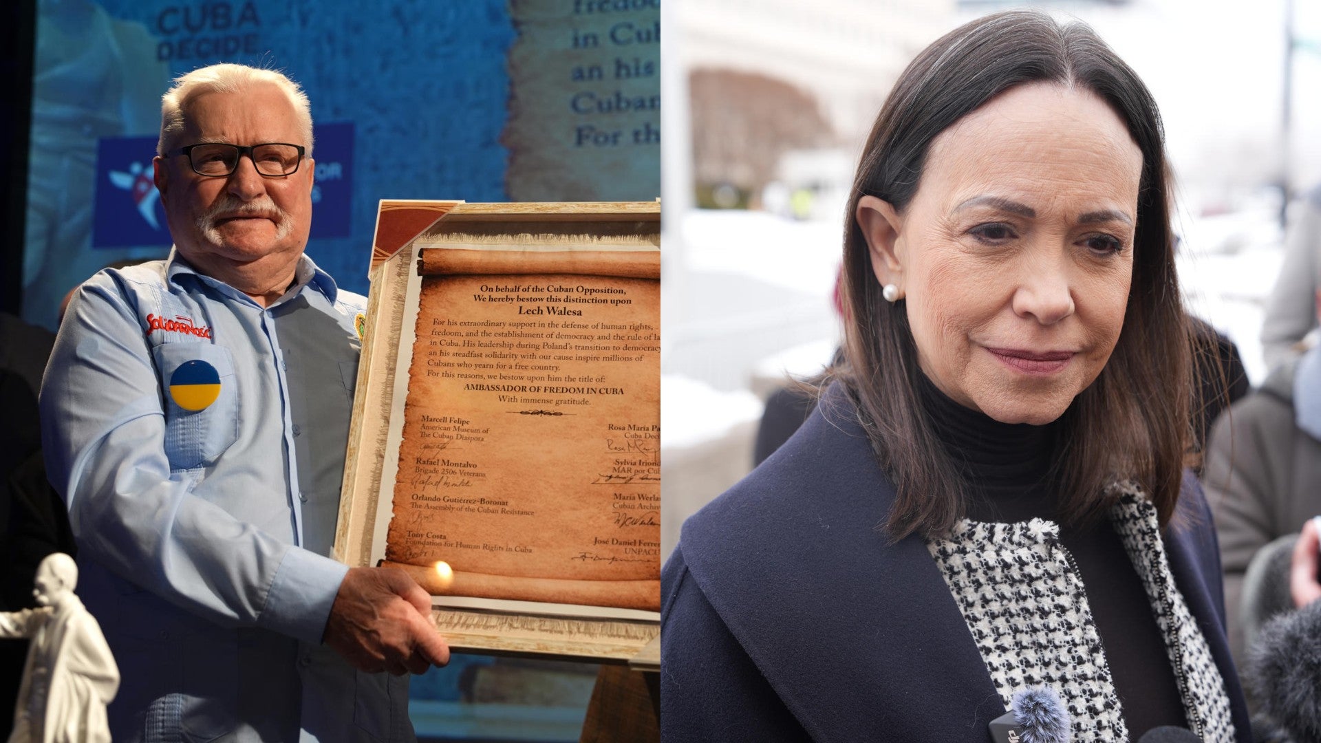 Lech Walesa, expresidente de Polonia y ganador del Premio Nobel de Paz, junto a María Corina Machado, líder democrática de Venezuela - Fotos: EFE
