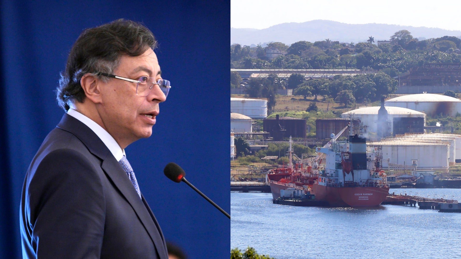 El presidente Gustavo Petro y el buque 'Ocean Mariner'. (EFE)
