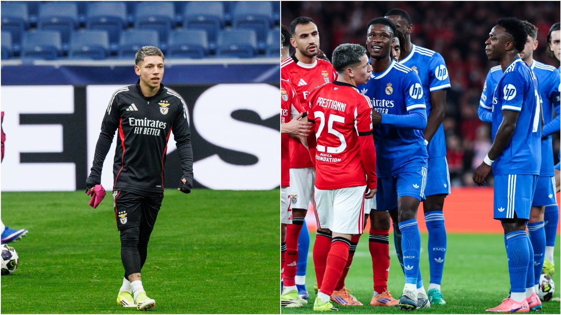 Gianluca Prestianni, futbolista argentino / Vinícius Júnior, futbolista brasileño junto a jugadores del Benfica y Real Madrid - Fotos: EFE