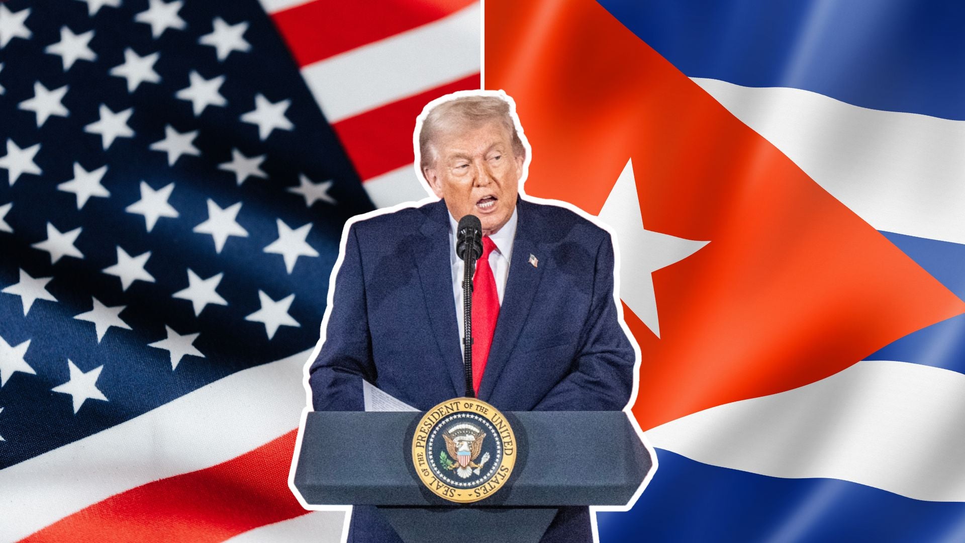 Banderas EE. UU. y Cuba - Foto de referencia Canva/ Donald Trump - Foto AFP