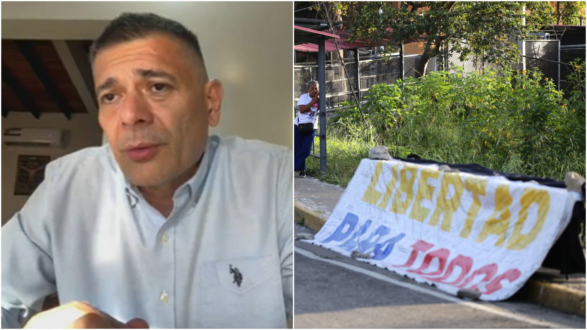 Freddy Superlano, exprisionero político venezolano / Pancarta de los familiares de los presos políticos en el Rodeo I - Fotos: EFE