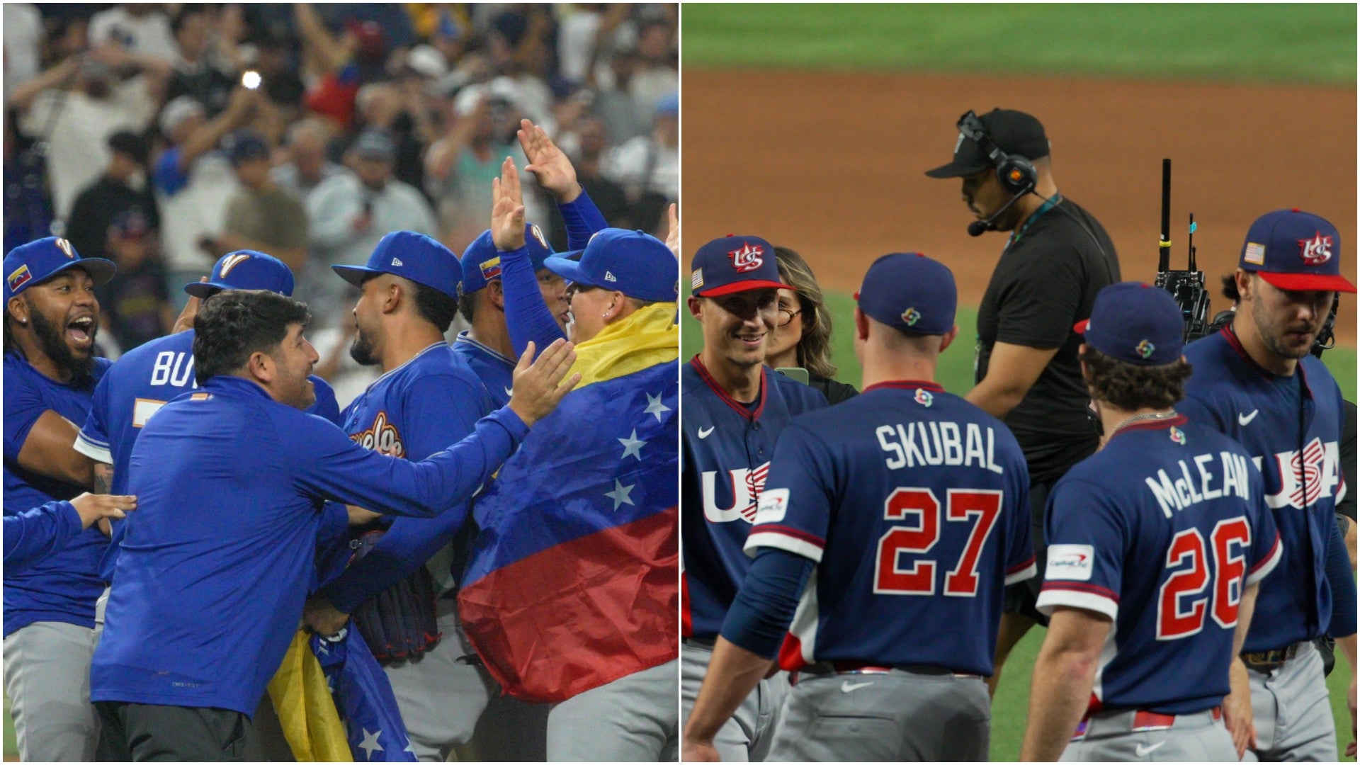 Jugadores de la Selección de Venezuela de béisbol y de la Selección de EE. UU. - Fotos: EFE