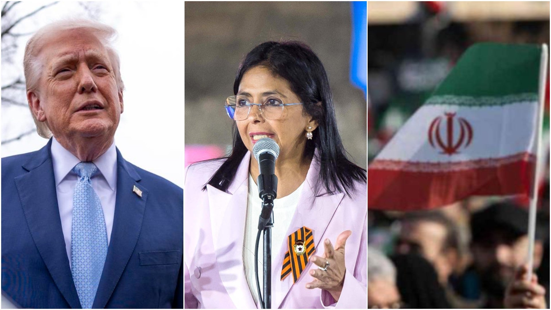Donald Trump, presidente de EE. UU. / Delcy Rodríguez, jefe encargada del régimen venezolano / Bandera de Irán - Fotos: EFE / X