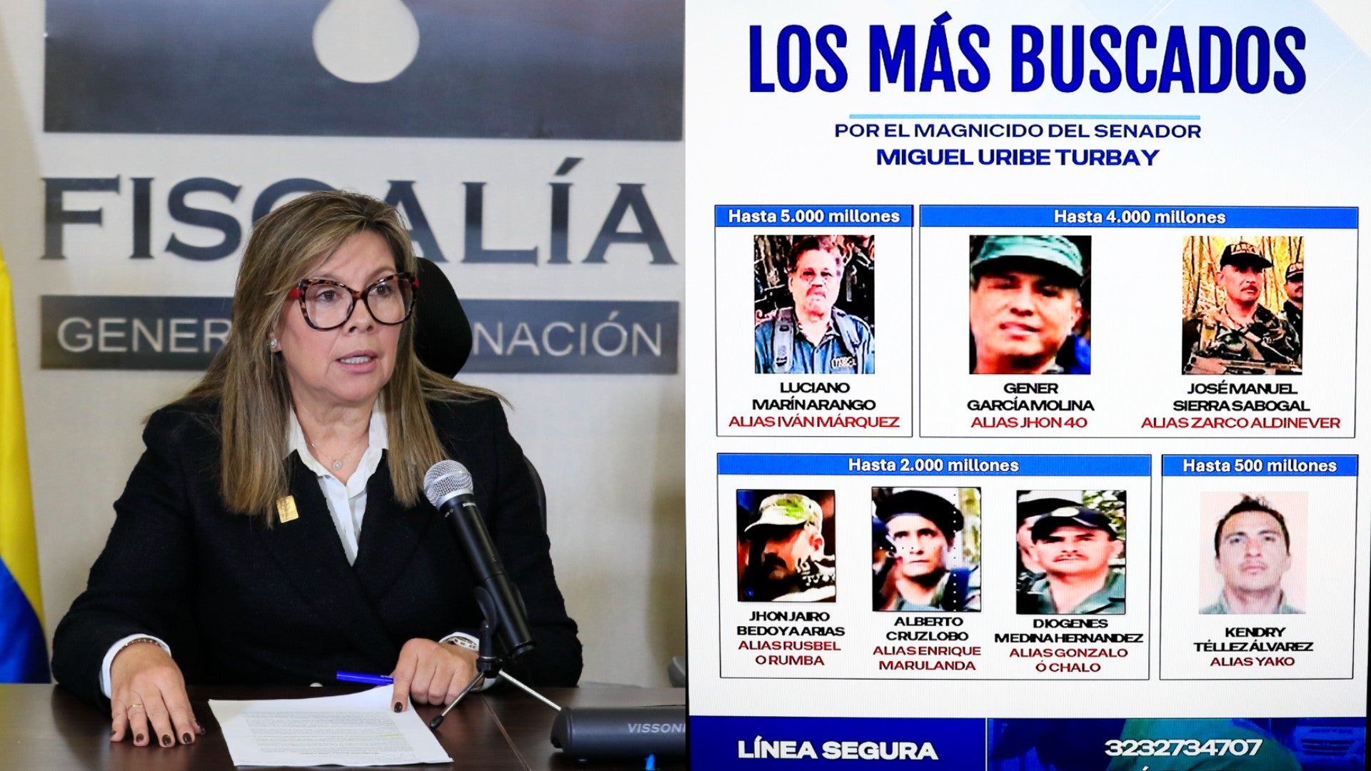 Luz Adriana Camargo, fiscal General de la Nación de Colombia - Cartel de los más buscados por el magnicidio del senador Miguel Turbay - Fotos: EFE